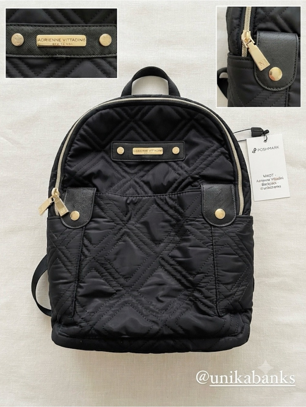 Adrienne Vittadini Black Quilted Backpack with Gold Accents